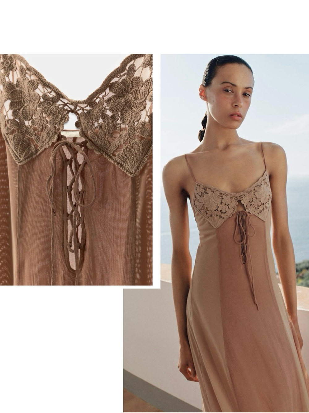 ZARA Lace Bust Sheer Maxi Dress Taupe Brown Size L NWT Resort Beach Boho - Picture 3 of 15